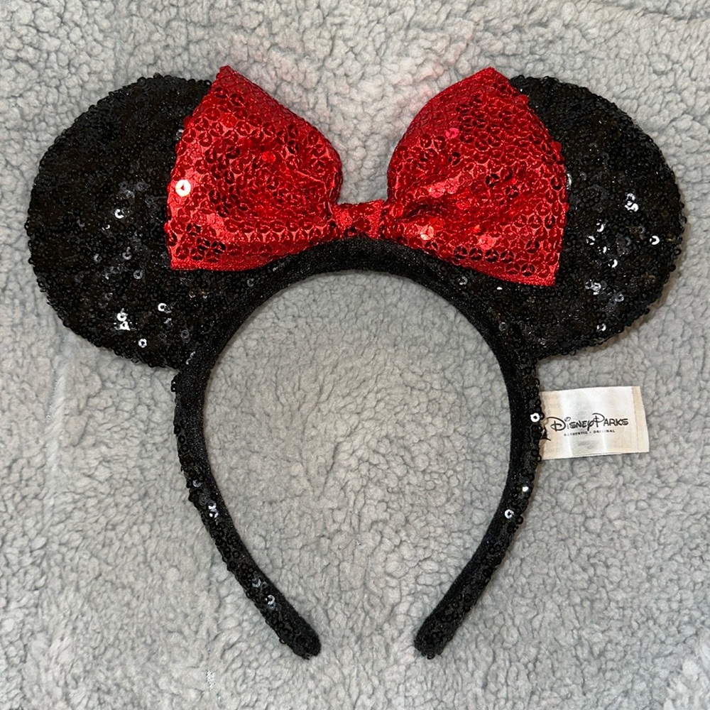 Disney Parks Sequin Ears Headband with Red Bow